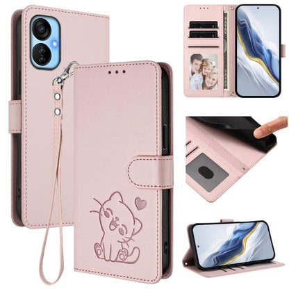 Embossed Heart Cat Leather Phone Case with Hand Strap, For Tecno Spark Go 2022 / 9 / 8C, For Tecno Spark 9T / 9 Pro, For Tecno Pova 3