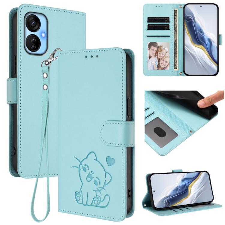 Embossed Heart Cat Leather Phone Case with Hand Strap, For Tecno Spark Go 2022 / 9 / 8C, For Tecno Spark 9T / 9 Pro, For Tecno Pova 3
