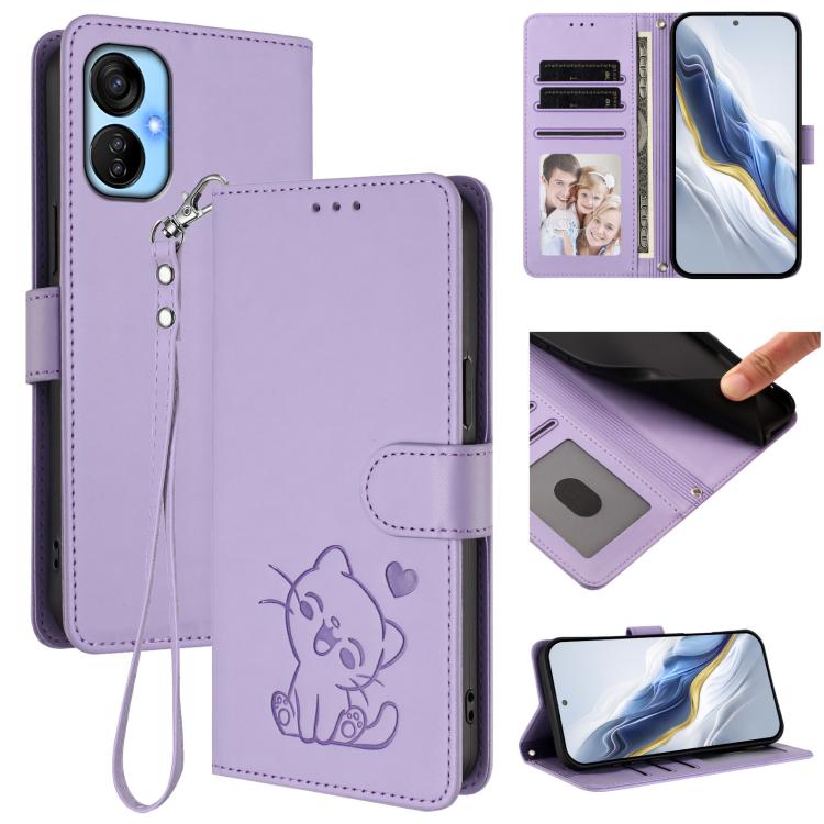 Embossed Heart Cat Leather Phone Case with Hand Strap, For Tecno Spark Go 2022 / 9 / 8C, For Tecno Spark 9T / 9 Pro, For Tecno Pova 3