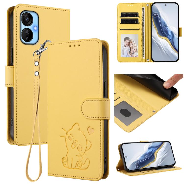 Embossed Heart Cat Leather Phone Case with Hand Strap, For Tecno Spark Go 2022 / 9 / 8C, For Tecno Spark 9T / 9 Pro, For Tecno Pova 3
