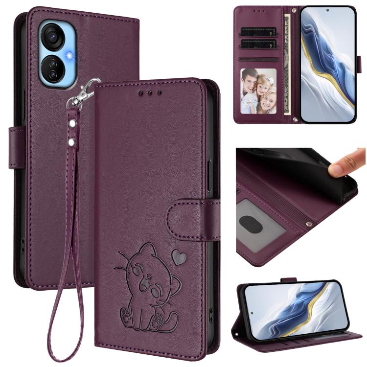 Embossed Heart Cat Leather Phone Case with Hand Strap, For Tecno Spark Go 2022 / 9 / 8C, For Tecno Spark 9T / 9 Pro, For Tecno Pova 3