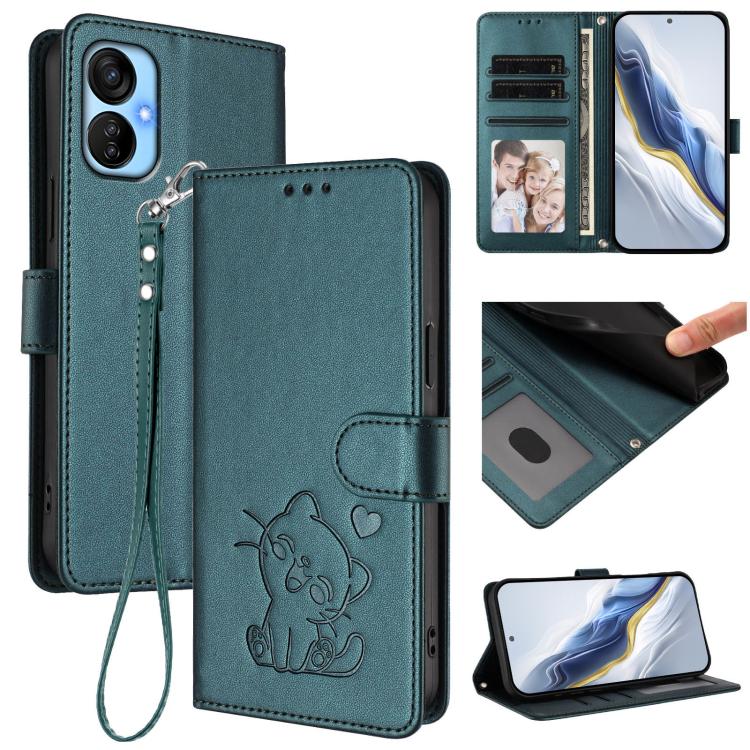 Embossed Heart Cat Leather Phone Case with Hand Strap, For Tecno Spark Go 2022 / 9 / 8C, For Tecno Spark 9T / 9 Pro, For Tecno Pova 3