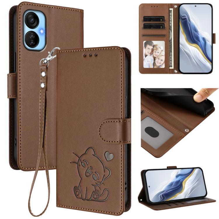 Embossed Heart Cat Leather Phone Case with Hand Strap, For Tecno Spark Go 2022 / 9 / 8C, For Tecno Spark 9T / 9 Pro, For Tecno Pova 3
