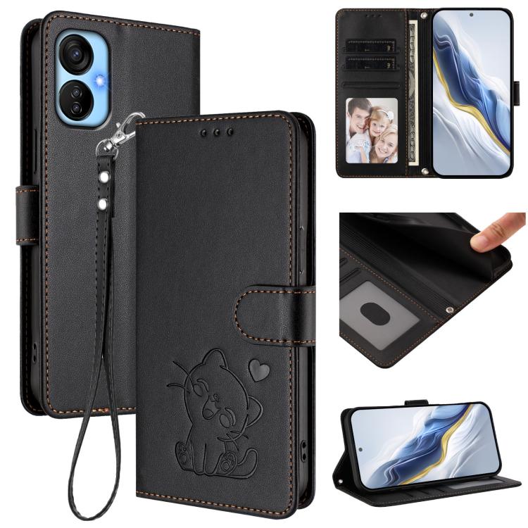 Embossed Heart Cat Leather Phone Case with Hand Strap, For Tecno Spark Go 2022 / 9 / 8C, For Tecno Spark 9T / 9 Pro, For Tecno Pova 3