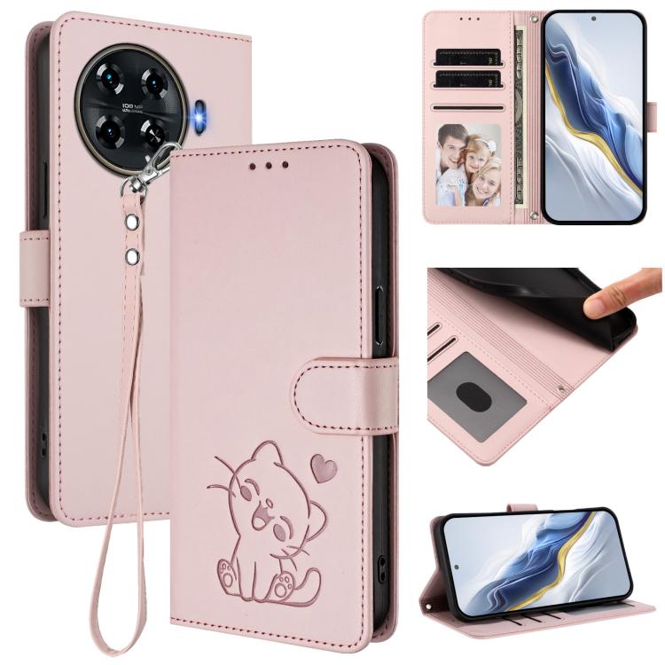 Embossed Heart Cat Leather Phone Case with Hand Strap, For Tecno Camon 30 Pro, For Tecno Camon 30 Premier 5G, For Tecno Camon 30 4G / 5G, For Tecno Pova 6 Pro 5G, For Tecno Spark 20 Pro+ 4G, For Tecno Pova 5 Pro, For Tecno Pova Neo 3, For Tecno Pova 5 ...