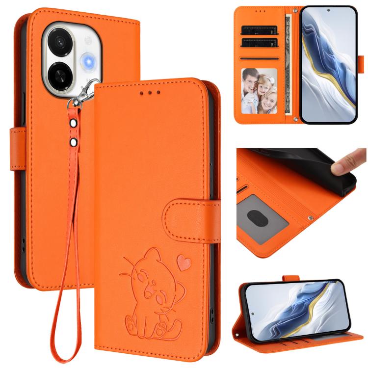 Embossed Heart Cat Leather Phone Case with Hand Strap, For Tecno Pova 7 Ultra 5G, For Tecno Pova 7 4G / 7 Neo, For Tecno Spark Go 1 / Pop 9, For Tecno Camon 40 Pro 4G, For Tecno Camon 40 Premier, For Tecno Camon 40 4G, For Tecno Spark 30C 5G / Pop 9 5G...