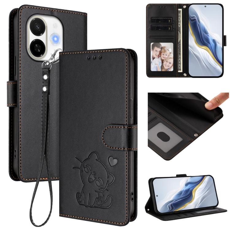 Embossed Heart Cat Leather Phone Case with Hand Strap, For Tecno Pova 7 Ultra 5G, For Tecno Pova 7 4G / 7 Neo, For Tecno Spark Go 1 / Pop 9, For Tecno Camon 40 Pro 4G, For Tecno Camon 40 Premier, For Tecno Camon 40 4G, For Tecno Spark 30C 5G / Pop 9 5G...