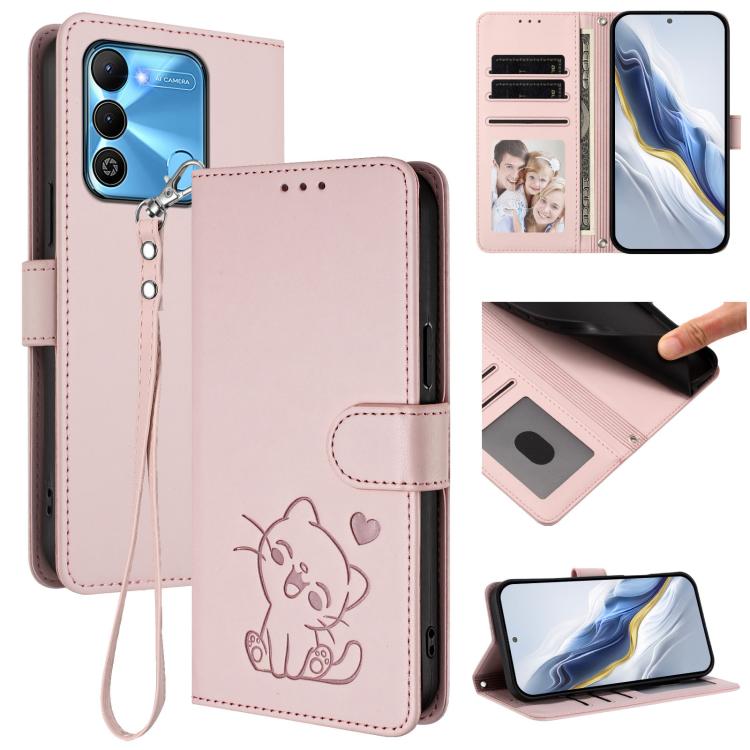 Embossed Heart Cat Leather Phone Case with Hand Strap, For Tecno Spark Go 2022 / 9 / 8C, For Tecno Spark 9T / 9 Pro, For Tecno Pova 3