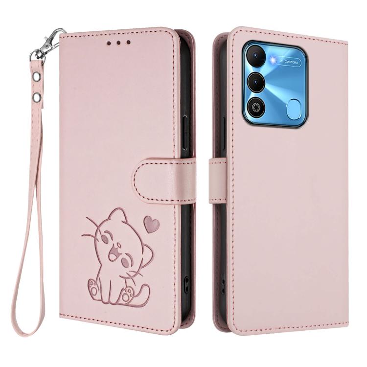 Embossed Heart Cat Leather Phone Case with Hand Strap, For Tecno Spark Go 2022 / 9 / 8C, For Tecno Spark 9T / 9 Pro, For Tecno Pova 3