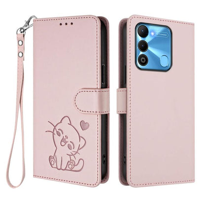 Embossed Heart Cat Leather Phone Case with Hand Strap, For Tecno Spark Go 2022 / 9 / 8C, For Tecno Spark 9T / 9 Pro, For Tecno Pova 3