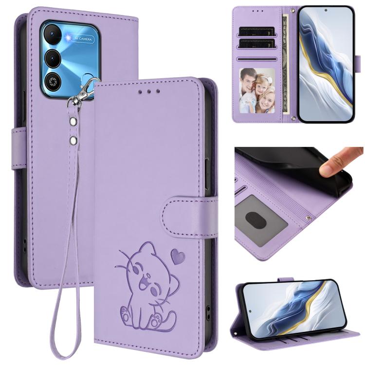 Embossed Heart Cat Leather Phone Case with Hand Strap, For Tecno Spark Go 2022 / 9 / 8C, For Tecno Spark 9T / 9 Pro, For Tecno Pova 3