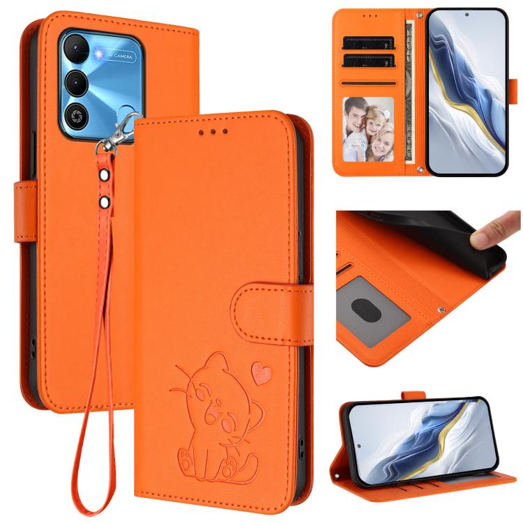 Embossed Heart Cat Leather Phone Case with Hand Strap, For Tecno Spark Go 2022 / 9 / 8C, For Tecno Spark 9T / 9 Pro, For Tecno Pova 3