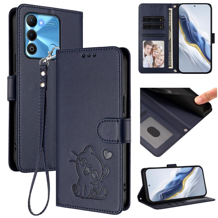 Embossed Heart Cat Leather Phone Case with Hand Strap, For Tecno Spark Go 2022 / 9 / 8C, For Tecno Spark 9T / 9 Pro, For Tecno Pova 3