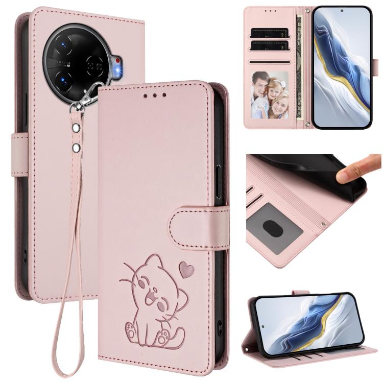 Embossed Heart Cat Leather Phone Case with Hand Strap, For Tecno Camon 30 Pro, For Tecno Camon 30 Premier 5G, For Tecno Camon 30 4G / 5G, For Tecno Pova 6 Pro 5G, For Tecno Spark 20 Pro+ 4G, For Tecno Pova 5 Pro, For Tecno Pova Neo 3, For Tecno Pova 5 ...