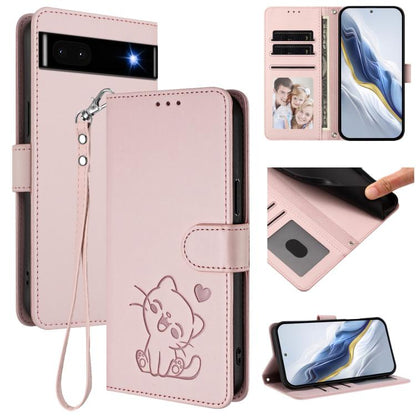 Embossed Heart Cat Leather Phone Case with Hand Strap, For Google Pixel 7 Pro, For Google Pixel 7, For Google Pixel 6a