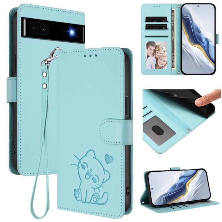 Embossed Heart Cat Leather Phone Case with Hand Strap, For Google Pixel 7 Pro, For Google Pixel 7, For Google Pixel 6a