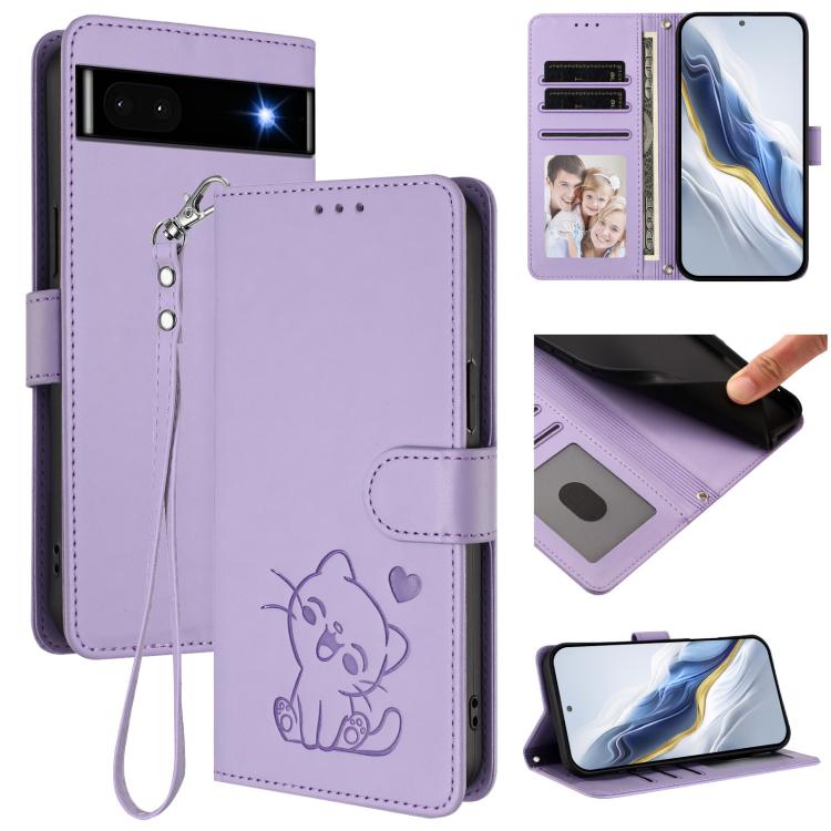 Embossed Heart Cat Leather Phone Case with Hand Strap, For Google Pixel 7 Pro, For Google Pixel 7, For Google Pixel 6a