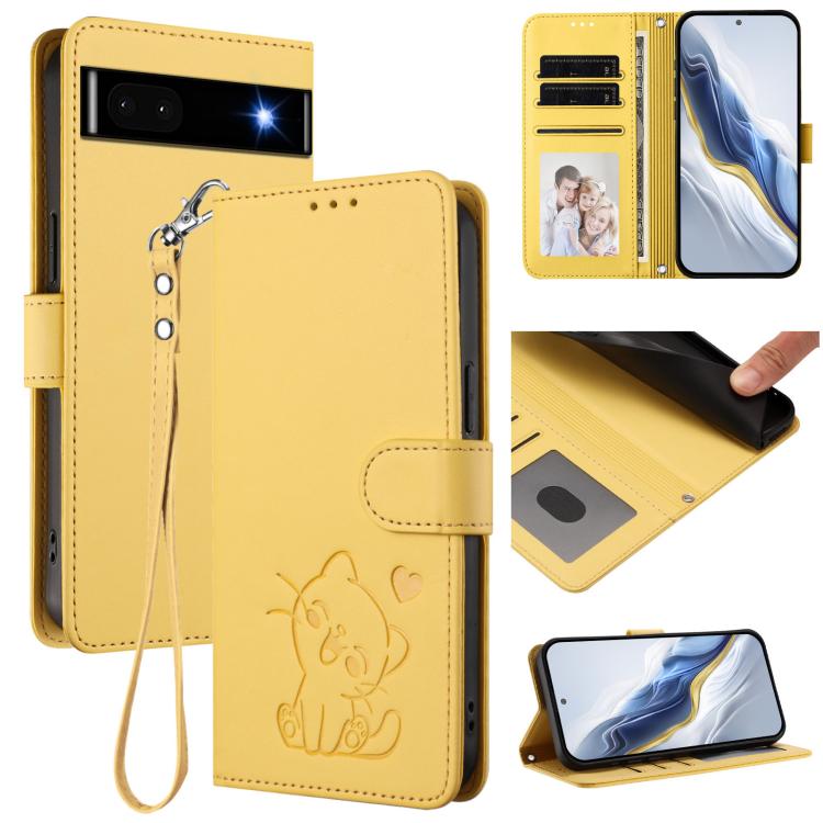 Embossed Heart Cat Leather Phone Case with Hand Strap, For Google Pixel 7 Pro, For Google Pixel 7, For Google Pixel 6a
