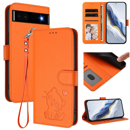 Embossed Heart Cat Leather Phone Case with Hand Strap, For Google Pixel 7 Pro, For Google Pixel 7, For Google Pixel 6a
