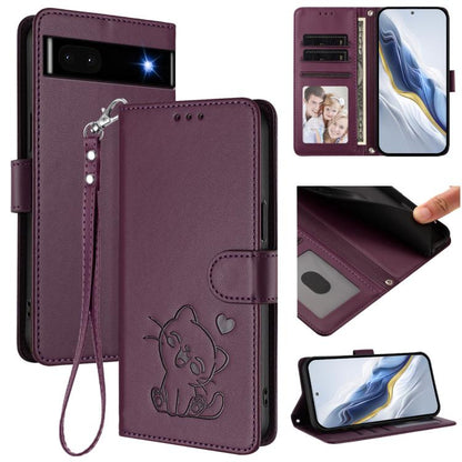Embossed Heart Cat Leather Phone Case with Hand Strap, For Google Pixel 7 Pro, For Google Pixel 7, For Google Pixel 6a