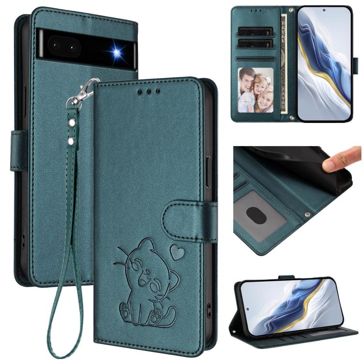 Embossed Heart Cat Leather Phone Case with Hand Strap, For Google Pixel 7 Pro, For Google Pixel 7, For Google Pixel 6a