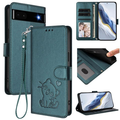 Embossed Heart Cat Leather Phone Case with Hand Strap, For Google Pixel 7 Pro, For Google Pixel 7, For Google Pixel 6a