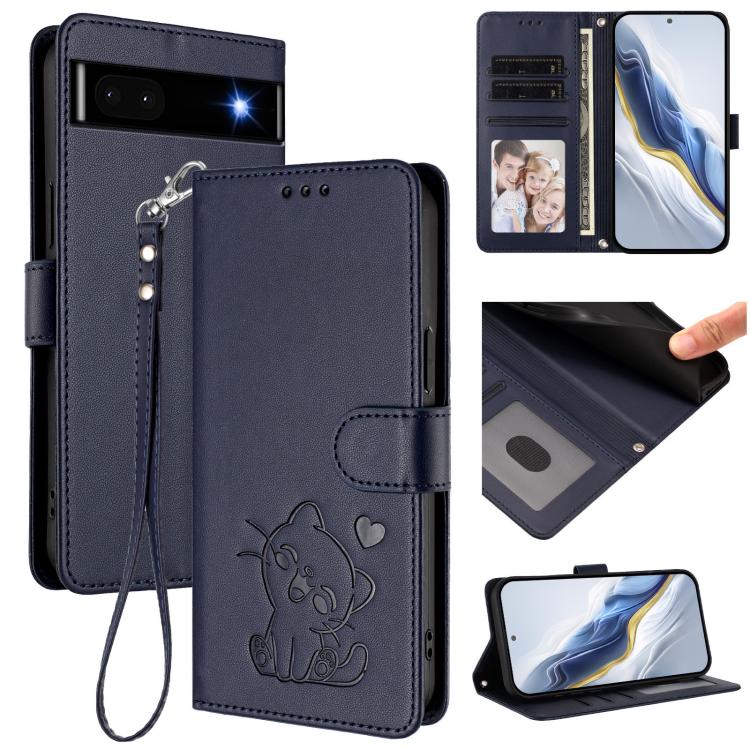 Embossed Heart Cat Leather Phone Case with Hand Strap, For Google Pixel 7 Pro, For Google Pixel 7, For Google Pixel 6a