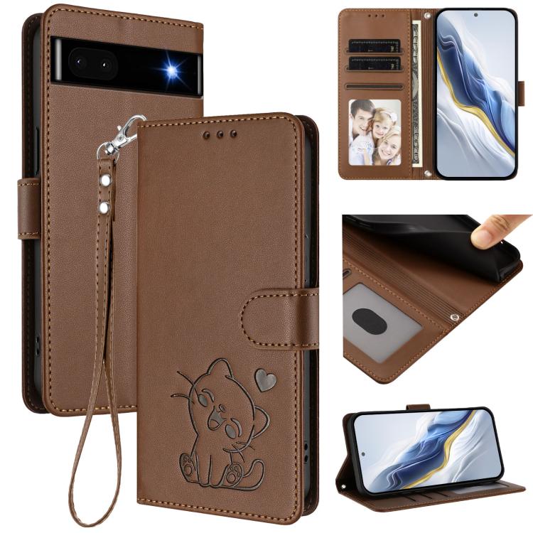 Embossed Heart Cat Leather Phone Case with Hand Strap, For Google Pixel 7 Pro, For Google Pixel 7, For Google Pixel 6a