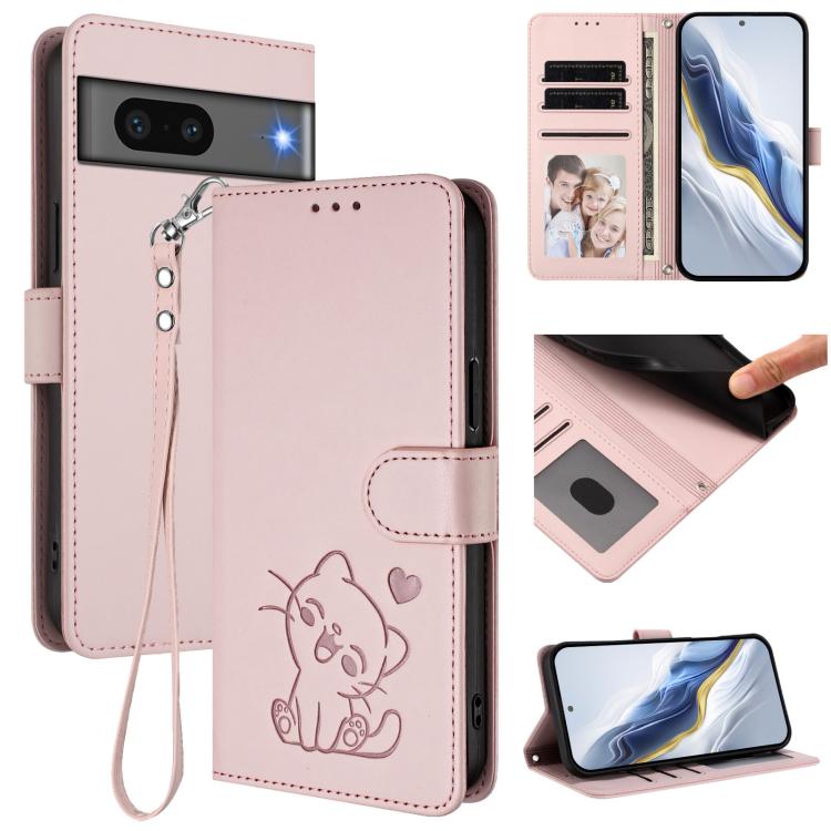 Embossed Heart Cat Leather Phone Case with Hand Strap, For Google Pixel 7 Pro, For Google Pixel 7, For Google Pixel 6a