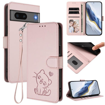 Embossed Heart Cat Leather Phone Case with Hand Strap, For Google Pixel 7 Pro, For Google Pixel 7, For Google Pixel 6a