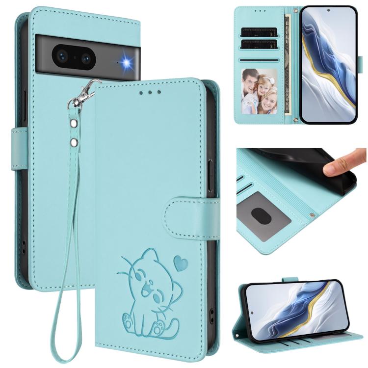 Embossed Heart Cat Leather Phone Case with Hand Strap, For Google Pixel 7 Pro, For Google Pixel 7, For Google Pixel 6a
