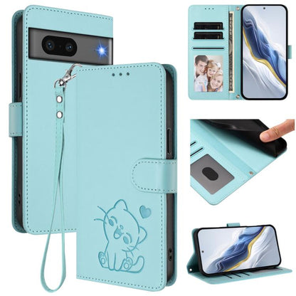 Embossed Heart Cat Leather Phone Case with Hand Strap, For Google Pixel 7 Pro, For Google Pixel 7, For Google Pixel 6a