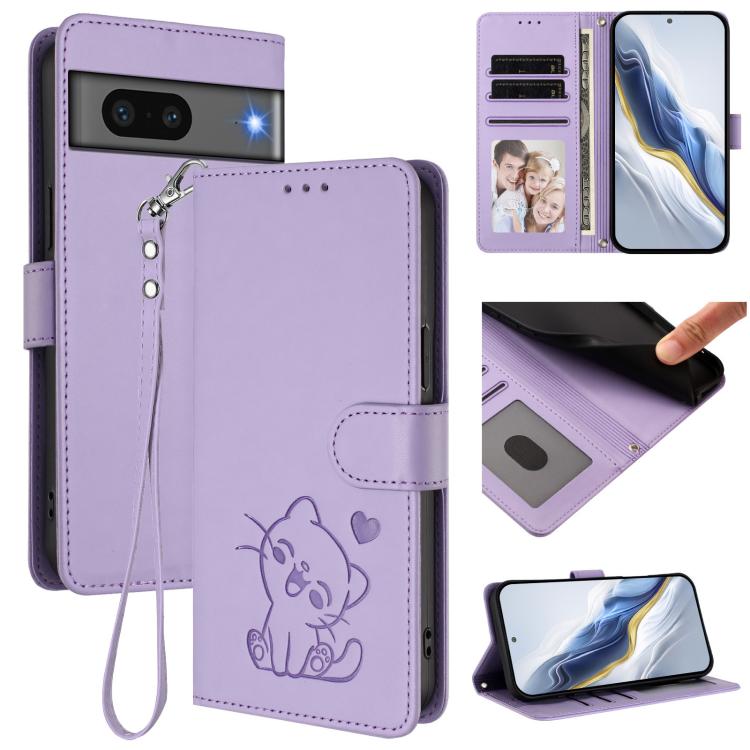 Embossed Heart Cat Leather Phone Case with Hand Strap, For Google Pixel 7 Pro, For Google Pixel 7, For Google Pixel 6a