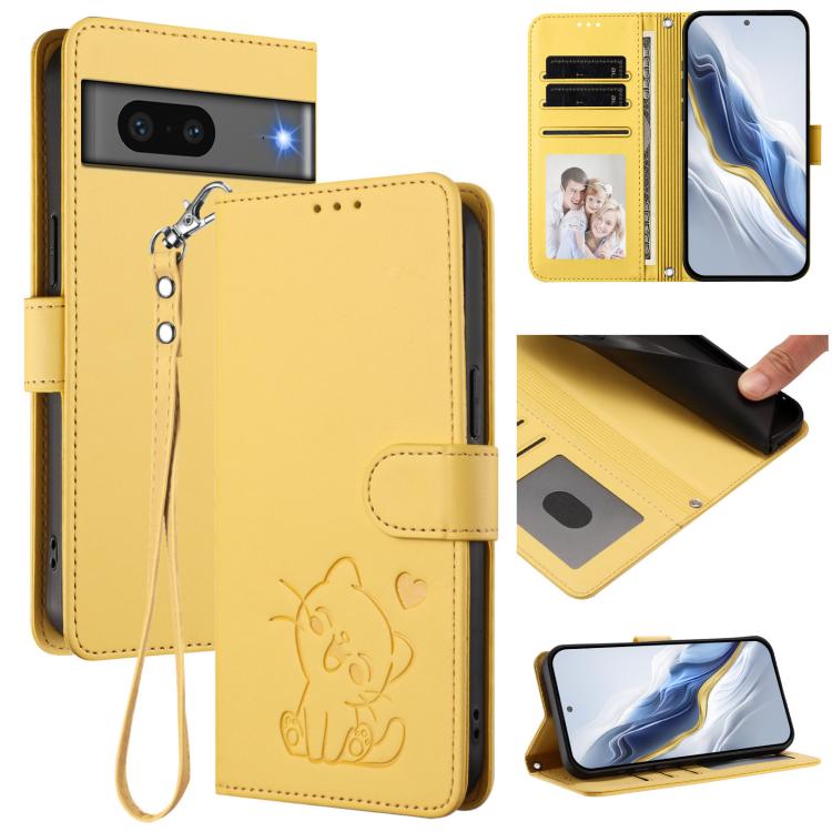Embossed Heart Cat Leather Phone Case with Hand Strap, For Google Pixel 7 Pro, For Google Pixel 7, For Google Pixel 6a