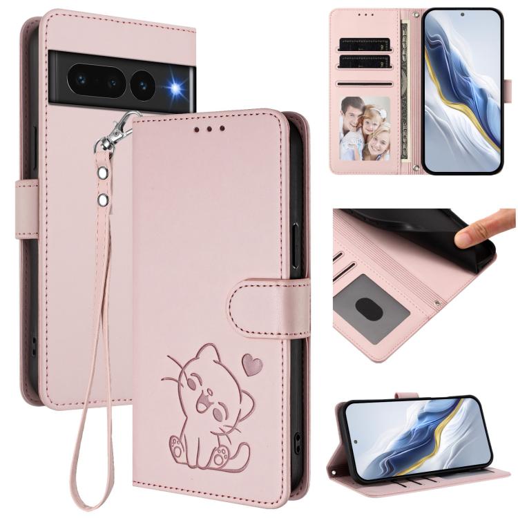 Embossed Heart Cat Leather Phone Case with Hand Strap, For Google Pixel 7 Pro, For Google Pixel 7, For Google Pixel 6a
