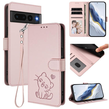 Embossed Heart Cat Leather Phone Case with Hand Strap, For Google Pixel 7 Pro, For Google Pixel 7, For Google Pixel 6a