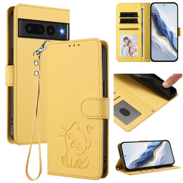 Embossed Heart Cat Leather Phone Case with Hand Strap, For Google Pixel 7 Pro, For Google Pixel 7, For Google Pixel 6a