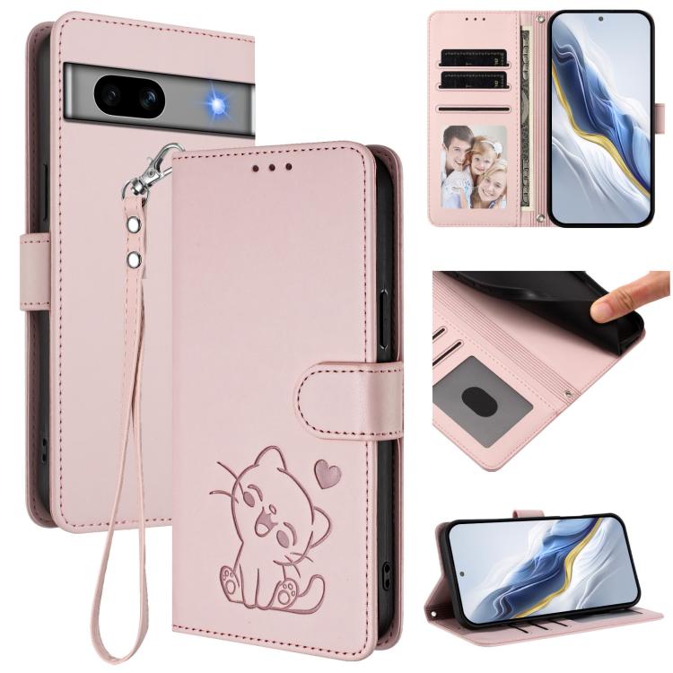 Embossed Heart Cat Leather Phone Case with Hand Strap, For Google Pixel 11 Pro XL, For Google Pixel 11 Pro / Pixel 11, For Google Pixel 10 Pro XL / 9 Pro XL, For Google Pixel 10 / 10 Pro / 9 Pro, For Google Pixel 9a, For Google Pixel 8a                ...