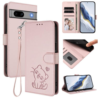 Embossed Heart Cat Leather Phone Case with Hand Strap, For Google Pixel 11 Pro XL, For Google Pixel 11 Pro / Pixel 11, For Google Pixel 10 Pro XL / 9 Pro XL, For Google Pixel 10 / 10 Pro / 9 Pro, For Google Pixel 9a, For Google Pixel 8a                ...