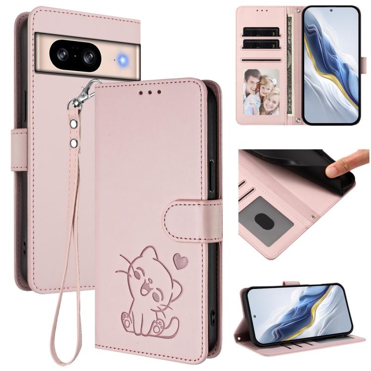 Embossed Heart Cat Leather Phone Case with Hand Strap, For Google Pixel 11 Pro XL, For Google Pixel 11 Pro / Pixel 11, For Google Pixel 10 Pro XL / 9 Pro XL, For Google Pixel 10 / 10 Pro / 9 Pro, For Google Pixel 9a, For Google Pixel 8a                ...
