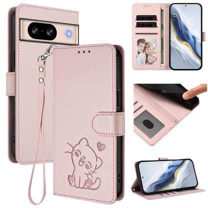 Embossed Heart Cat Leather Phone Case with Hand Strap, For Google Pixel 11 Pro XL, For Google Pixel 11 Pro / Pixel 11, For Google Pixel 10 Pro XL / 9 Pro XL, For Google Pixel 10 / 10 Pro / 9 Pro, For Google Pixel 9a, For Google Pixel 8a                ...