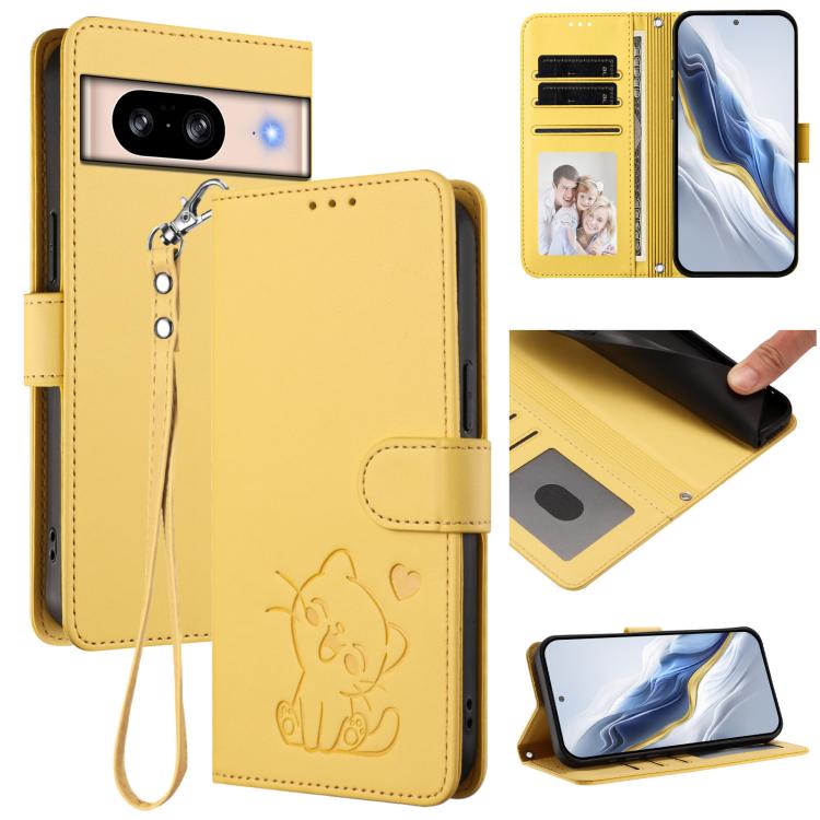 Embossed Heart Cat Leather Phone Case with Hand Strap, For Google Pixel 11 Pro XL, For Google Pixel 11 Pro / Pixel 11, For Google Pixel 10 Pro XL / 9 Pro XL, For Google Pixel 10 / 10 Pro / 9 Pro, For Google Pixel 9a, For Google Pixel 8a                ...