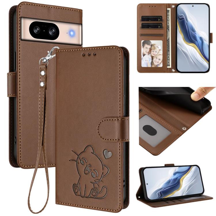 Embossed Heart Cat Leather Phone Case with Hand Strap, For Google Pixel 11 Pro XL, For Google Pixel 11 Pro / Pixel 11, For Google Pixel 10 Pro XL / 9 Pro XL, For Google Pixel 10 / 10 Pro / 9 Pro, For Google Pixel 9a, For Google Pixel 8a                ...