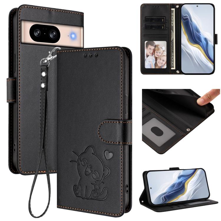 Embossed Heart Cat Leather Phone Case with Hand Strap, For Google Pixel 11 Pro XL, For Google Pixel 11 Pro / Pixel 11, For Google Pixel 10 Pro XL / 9 Pro XL, For Google Pixel 10 / 10 Pro / 9 Pro, For Google Pixel 9a, For Google Pixel 8a                ...
