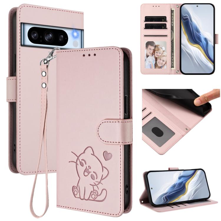 Embossed Heart Cat Leather Phone Case with Hand Strap, For Google Pixel 11 Pro XL, For Google Pixel 11 Pro / Pixel 11, For Google Pixel 10 Pro XL / 9 Pro XL, For Google Pixel 10 / 10 Pro / 9 Pro, For Google Pixel 9a, For Google Pixel 8a                ...