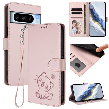 Embossed Heart Cat Leather Phone Case with Hand Strap, For Google Pixel 11 Pro XL, For Google Pixel 11 Pro / Pixel 11, For Google Pixel 10 Pro XL / 9 Pro XL, For Google Pixel 10 / 10 Pro / 9 Pro, For Google Pixel 9a, For Google Pixel 8a                ...