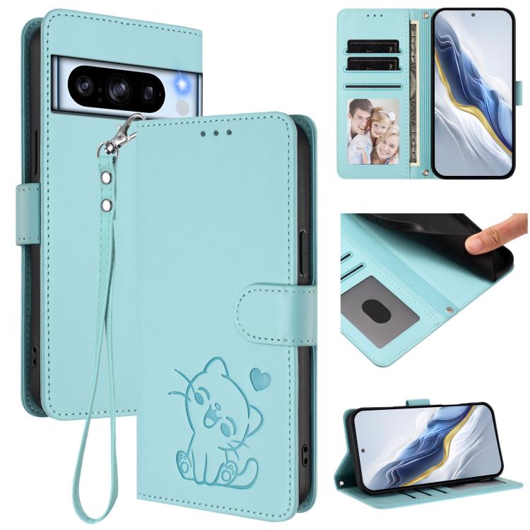 Embossed Heart Cat Leather Phone Case with Hand Strap, For Google Pixel 11 Pro XL, For Google Pixel 11 Pro / Pixel 11, For Google Pixel 10 Pro XL / 9 Pro XL, For Google Pixel 10 / 10 Pro / 9 Pro, For Google Pixel 9a, For Google Pixel 8a                ...