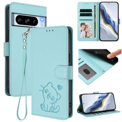Embossed Heart Cat Leather Phone Case with Hand Strap, For Google Pixel 11 Pro XL, For Google Pixel 11 Pro / Pixel 11, For Google Pixel 10 Pro XL / 9 Pro XL, For Google Pixel 10 / 10 Pro / 9 Pro, For Google Pixel 9a, For Google Pixel 8a                ...