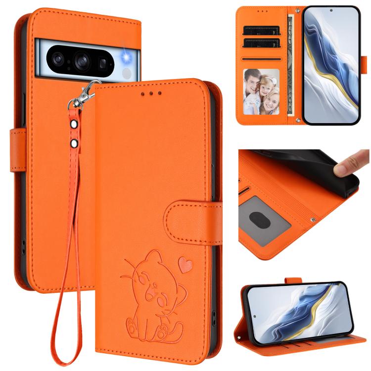 Embossed Heart Cat Leather Phone Case with Hand Strap, For Google Pixel 11 Pro XL, For Google Pixel 11 Pro / Pixel 11, For Google Pixel 10 Pro XL / 9 Pro XL, For Google Pixel 10 / 10 Pro / 9 Pro, For Google Pixel 9a, For Google Pixel 8a                ...