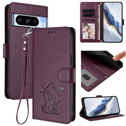 Embossed Heart Cat Leather Phone Case with Hand Strap, For Google Pixel 11 Pro XL, For Google Pixel 11 Pro / Pixel 11, For Google Pixel 10 Pro XL / 9 Pro XL, For Google Pixel 10 / 10 Pro / 9 Pro, For Google Pixel 9a, For Google Pixel 8a                ...